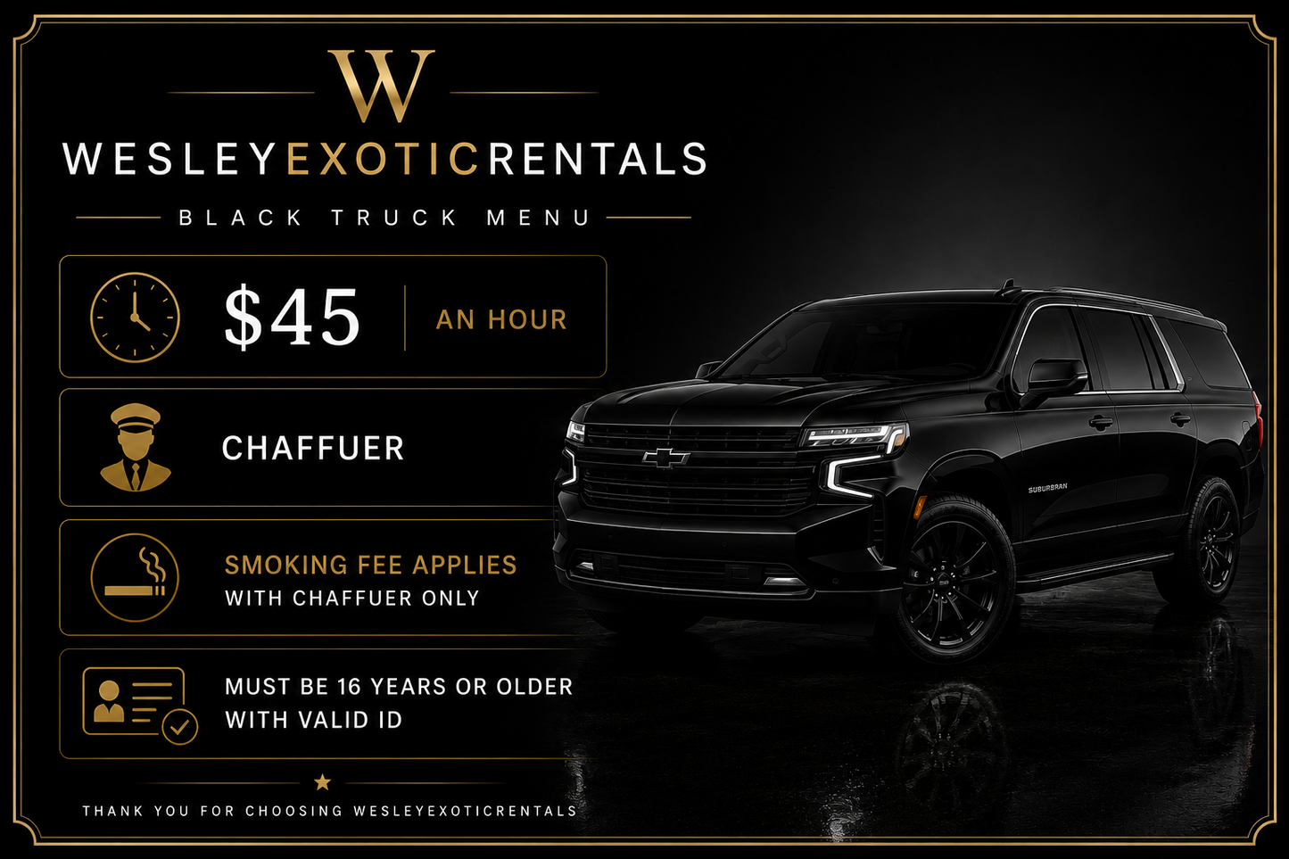 2025 Black Chevrolet Tahoe RST Luxury SUV Rental
